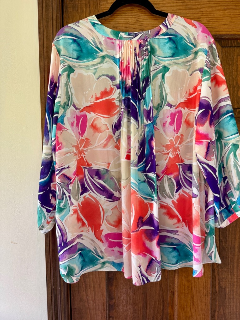 NYDJ Pintuck Floral Blouse with Pink, Coral & Teal Accents - Picture 5 of 13